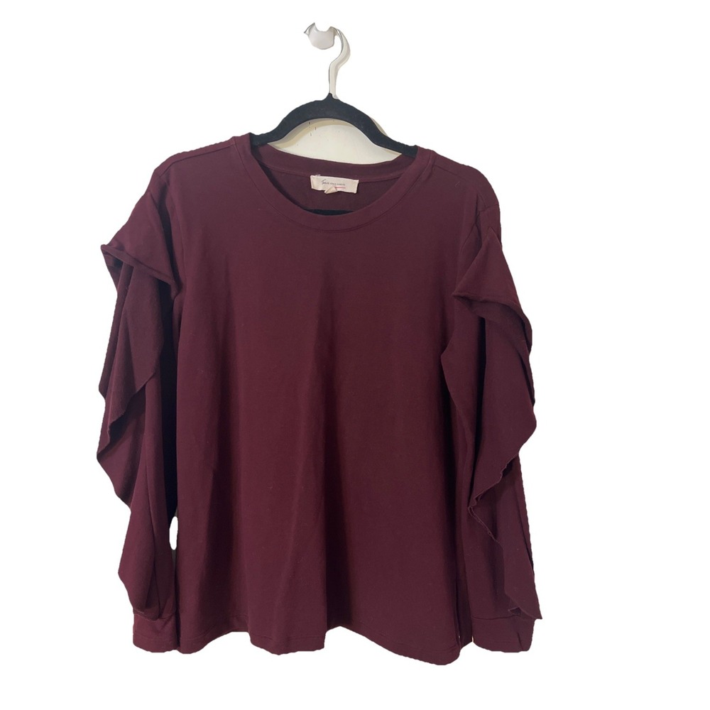 Tara By Vince Camuto Sweater SZ M Burgundy Relaxed Long Ruffle Open Sleeves Top